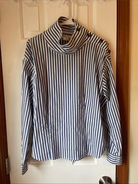 Veronica Beard Blue and White Striped Button-Shoulder Top